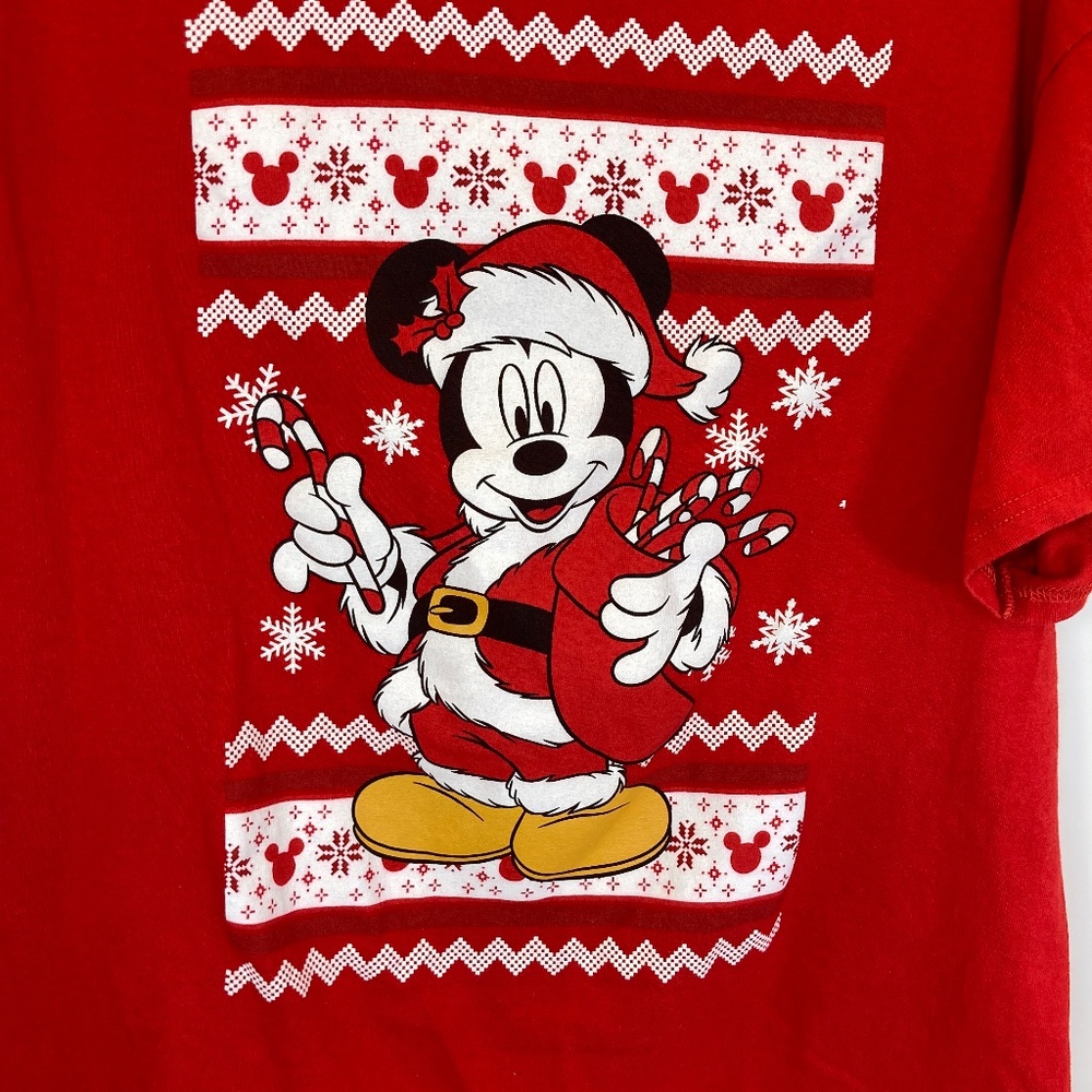 Disney Santa Mickey Mouse Shirt Sz L Red Short Sleeve Ugly Sweater Look - Picture 2 of 12